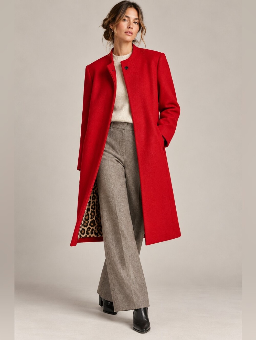 J. PETERMAN Third Act Wool Blend Coat Red w/ Leopard Print Lining Size 18